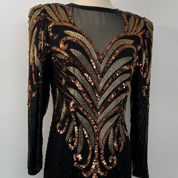 Cache Vintage Silk Fully Beaded Sequin Black Mini Dress Long Sleeve S/M - Picture 2 of 10